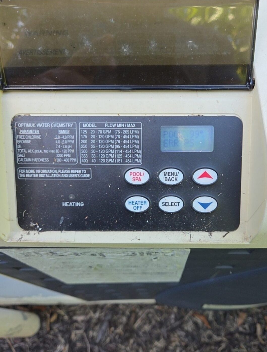 Pool heater control panel showing an ERR PS fault code