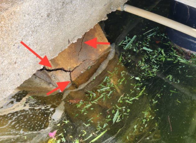 Cracked seawall cap with separated concrete at the waterline on a Naples FL canal, found during a home inspection