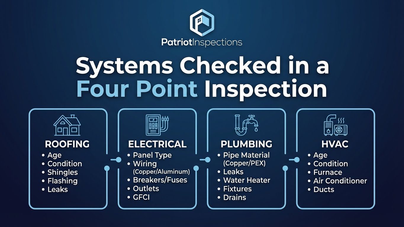 Systems checked in a four point inspection: roofing, electrical, plumbing, and HVAC.